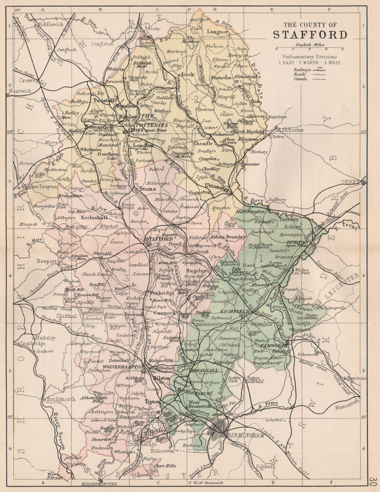 STAFFORDSHIRE. Antique county map. Railways canals. Constituencies. PHILIP 1882